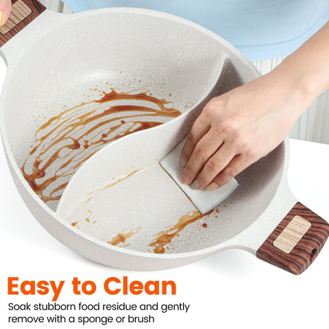 Soupify five-quart pot features heat-resistant side handles for safer lifting.