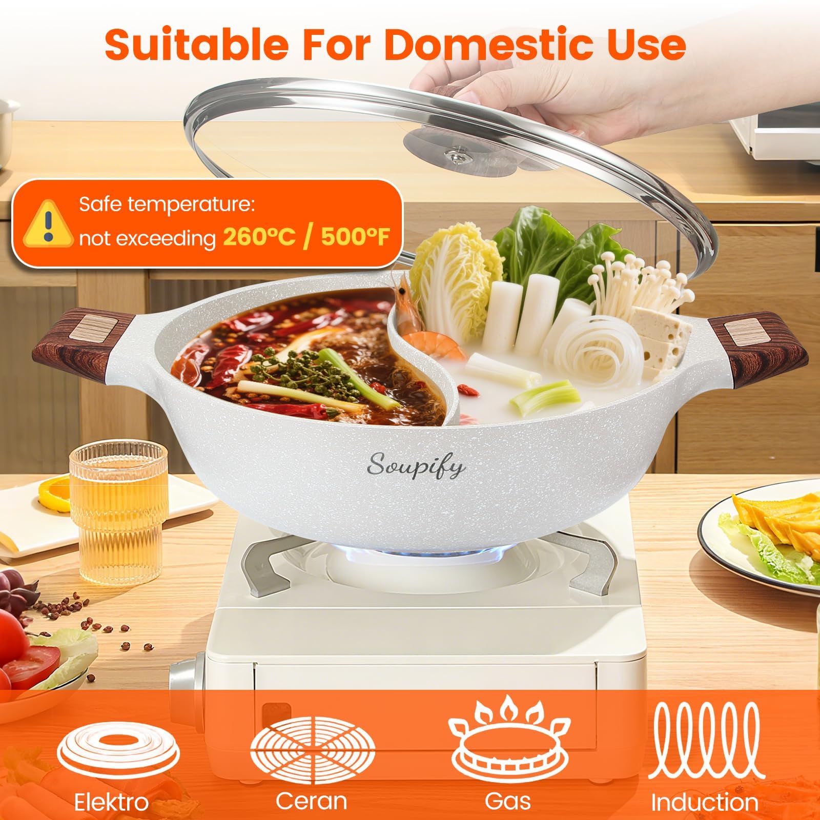 Soupify five-quart pot lid steam vents keeps heat steady during progress checks.