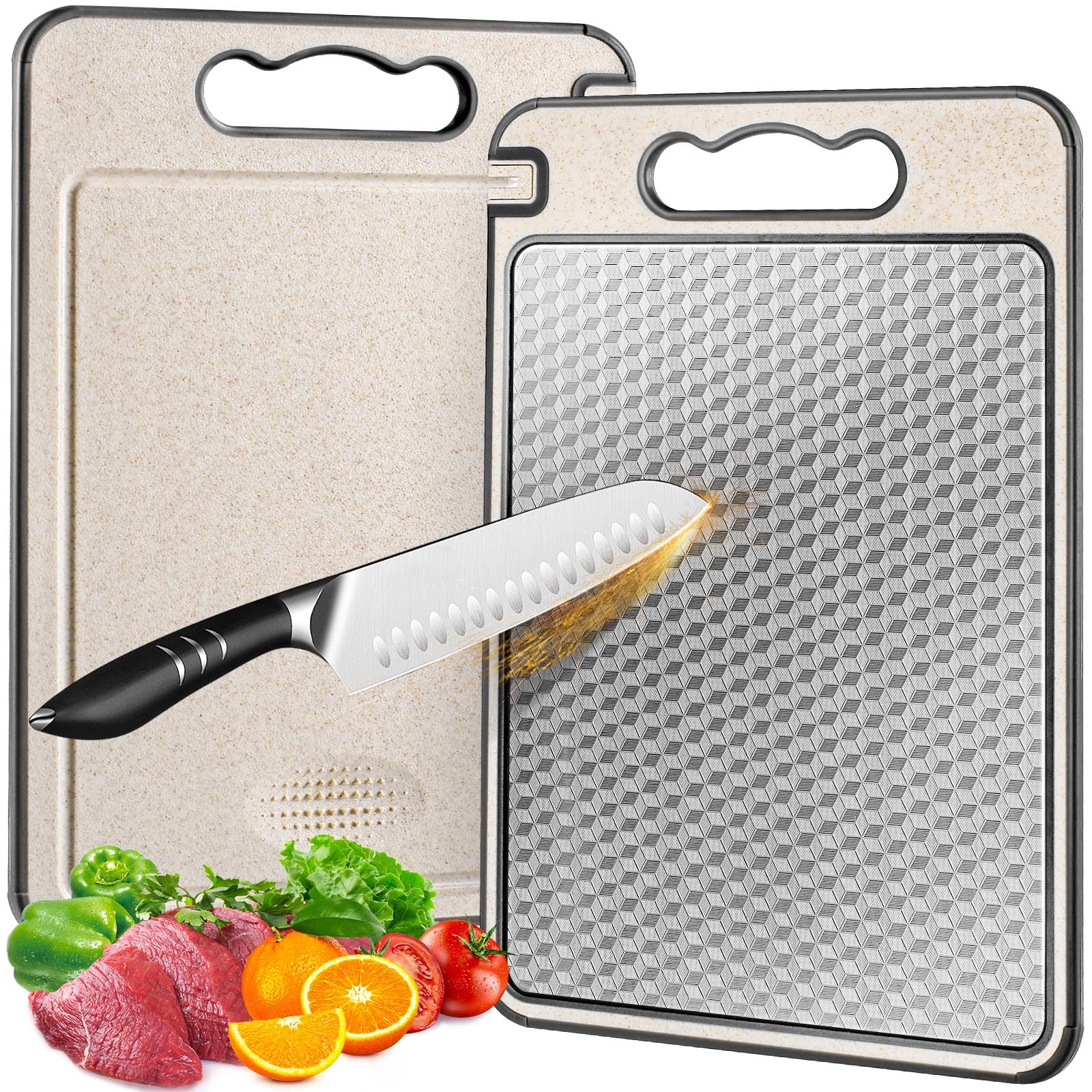 SourceBeat stainless steel cutting board with mesh design protects blades during chopping.