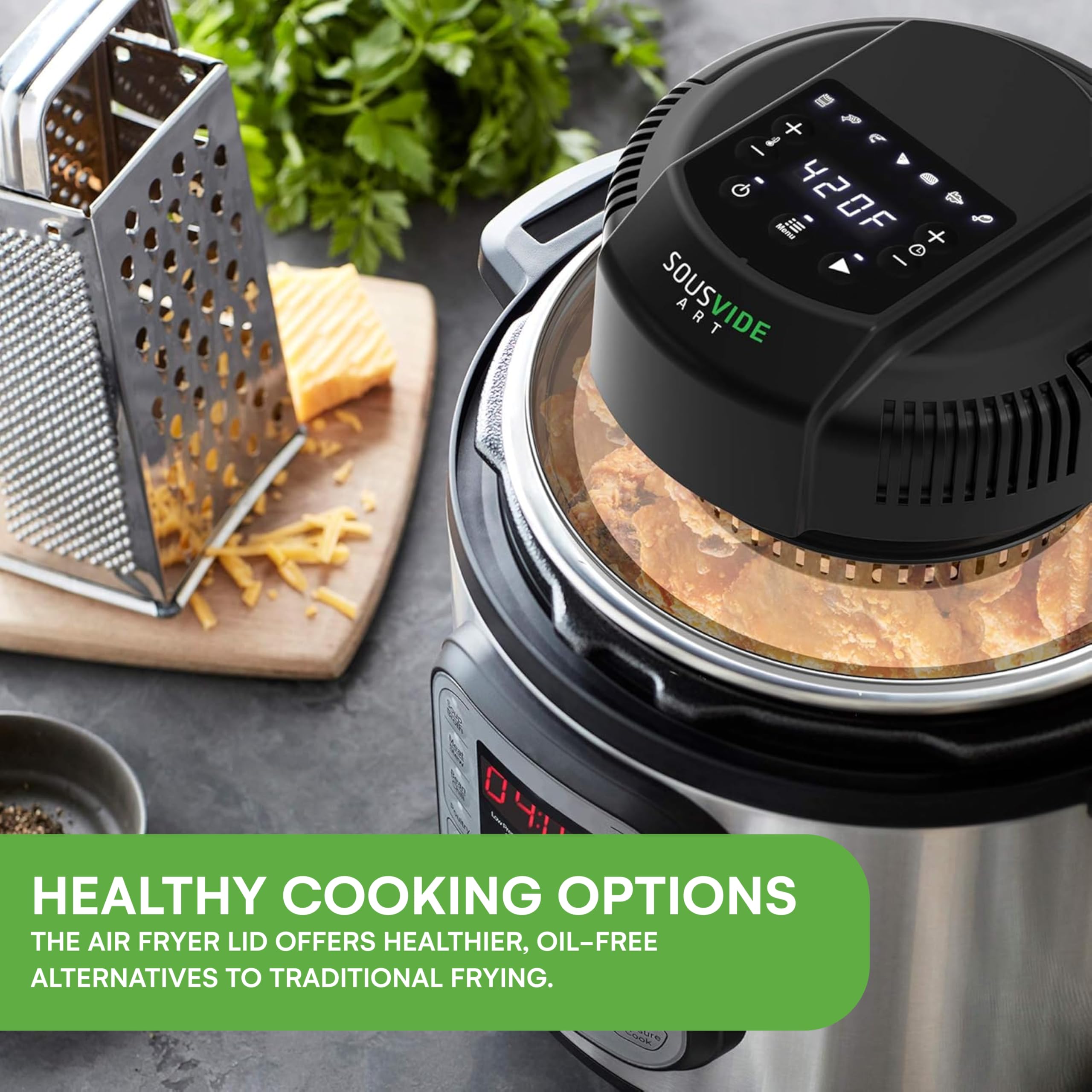SOUSVIDE ART air fryer fries in minutes with even browning.