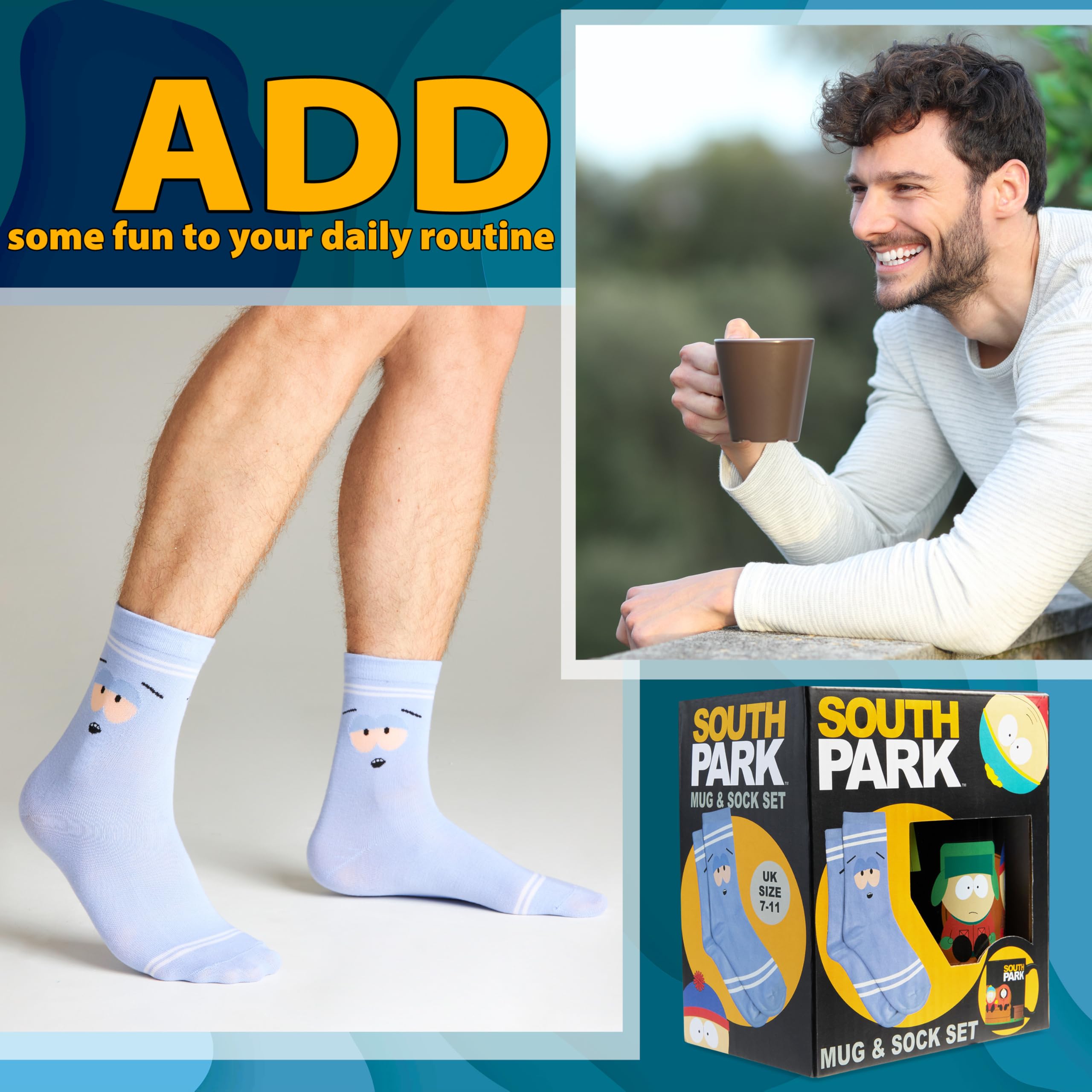 Gift-ready South Park mug and socks in a bold, collectible box