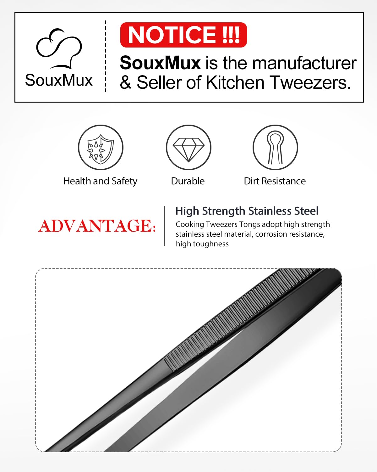 SouxMux 12-inch stainless steel barbecue tweezers, 180g weight for durability.