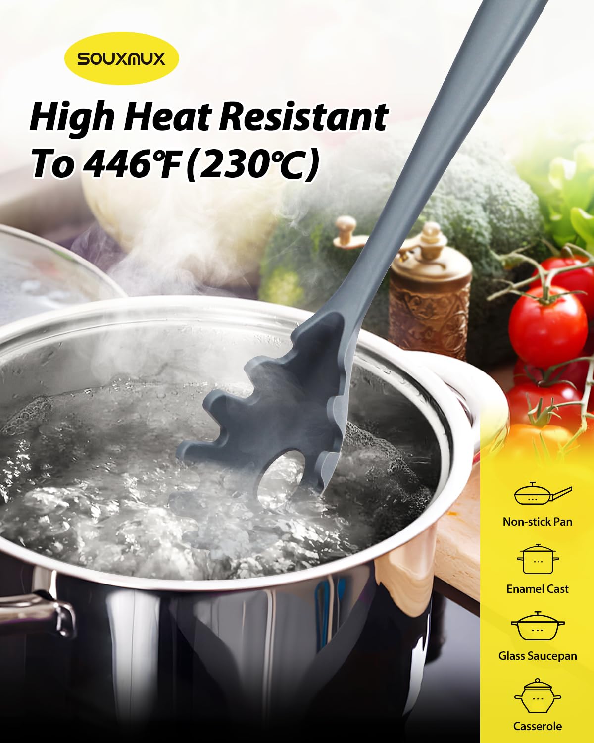 SouxMux seamless design utensils prevent food snagging on cookware.
