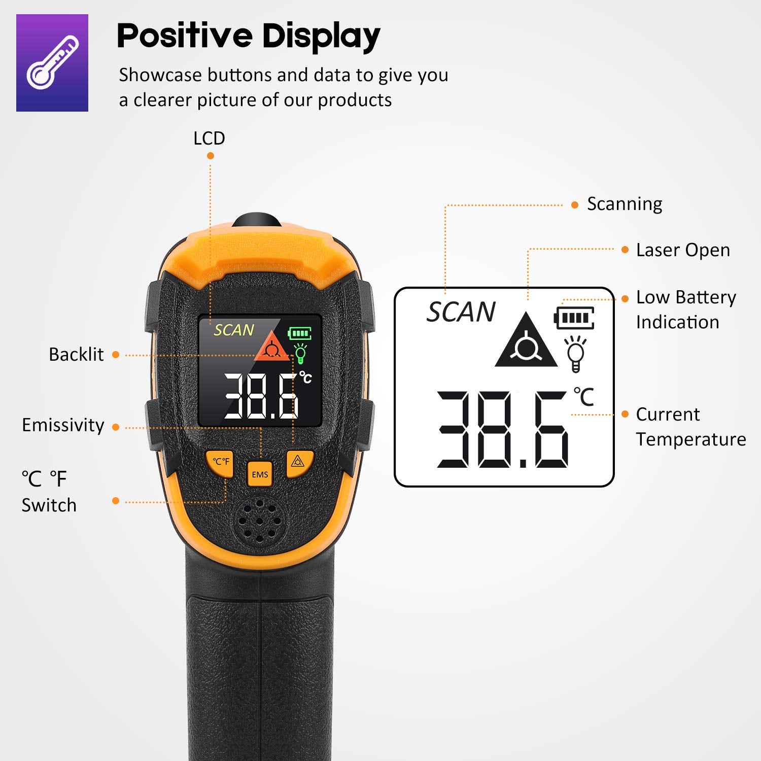 SOVARCATE infrared thermometer display highlights temperature at a glance during cooking.
