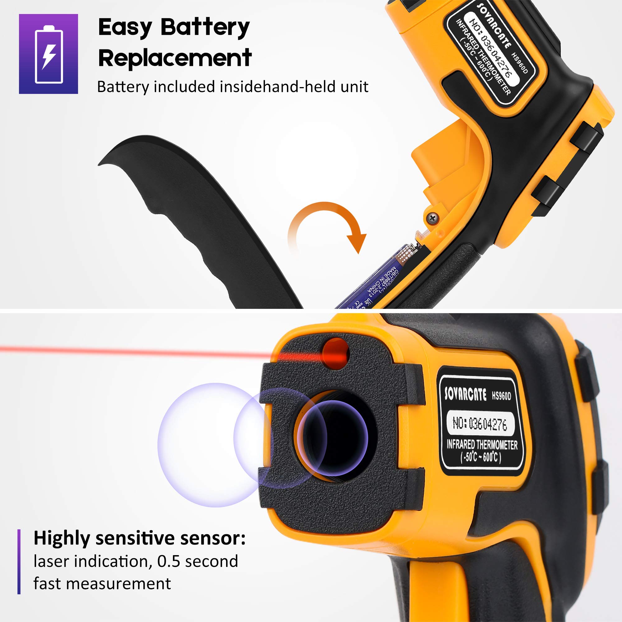 SOVARCATE thermometer laser aiming helps precise target for accurate readings.