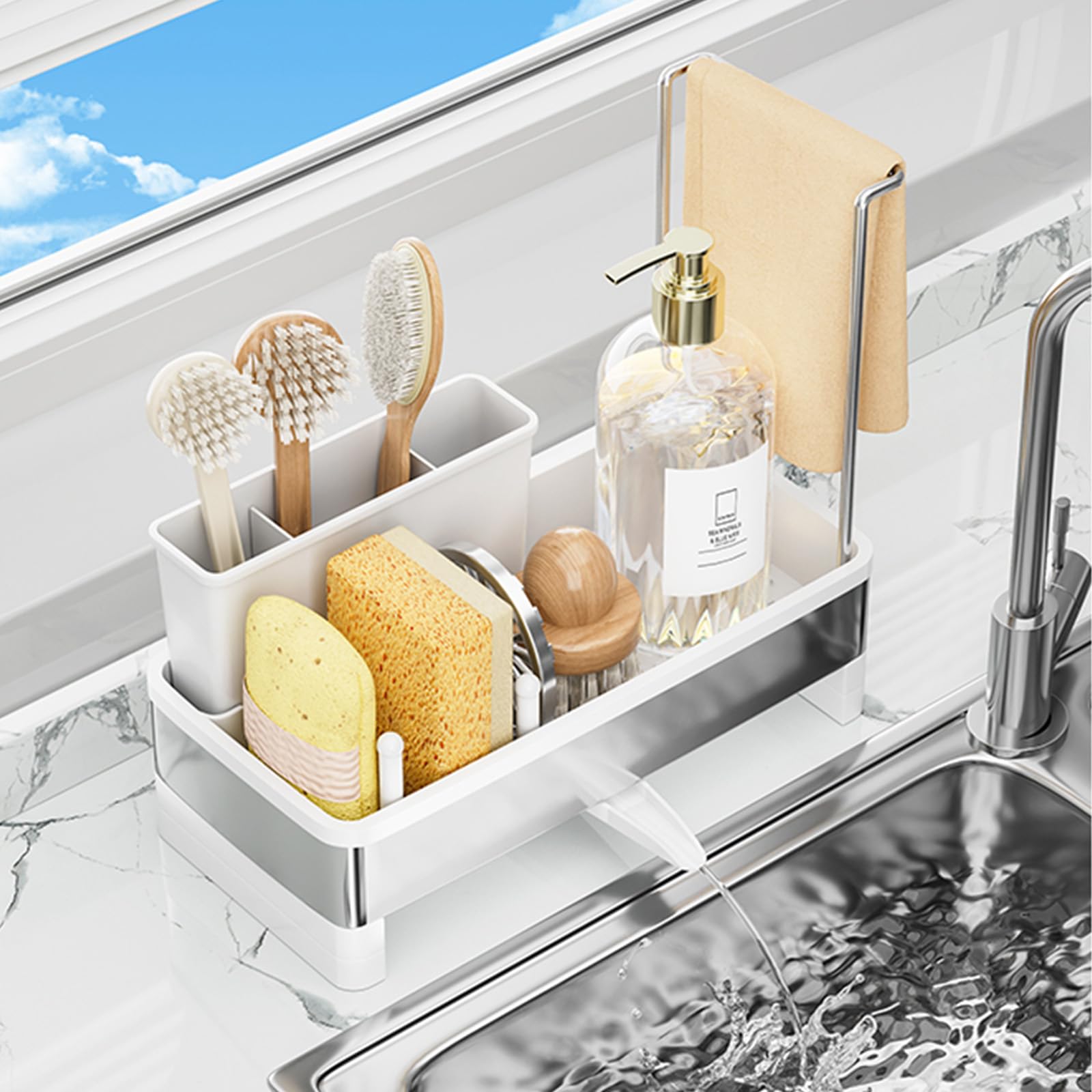 SOVGIZF multi-functional caddy organizes soap, brushes, and towels