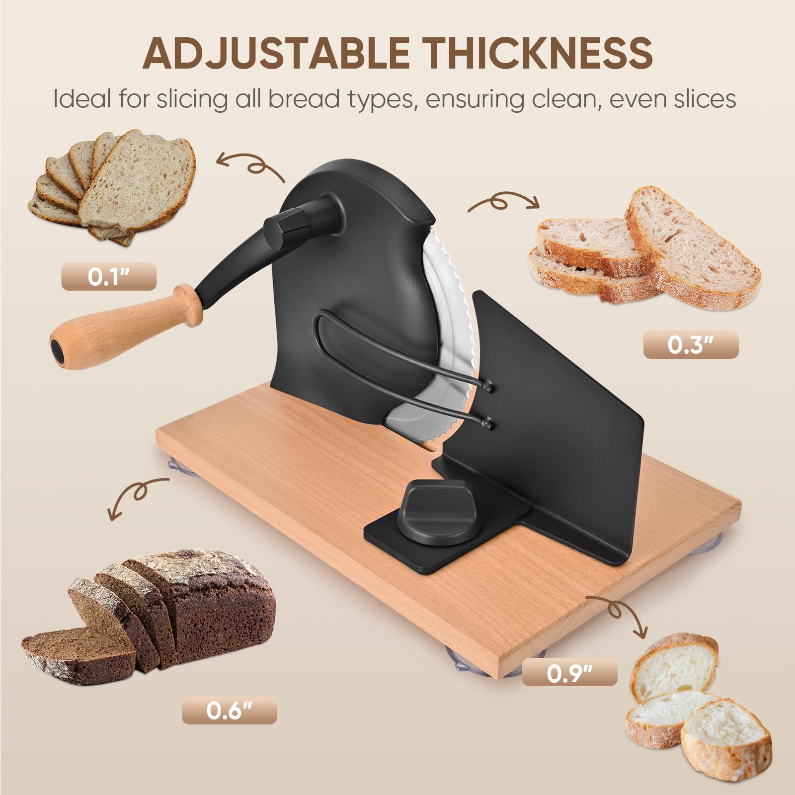 SOWKIPE bread slicer shows metal guide keeping slices aligned.