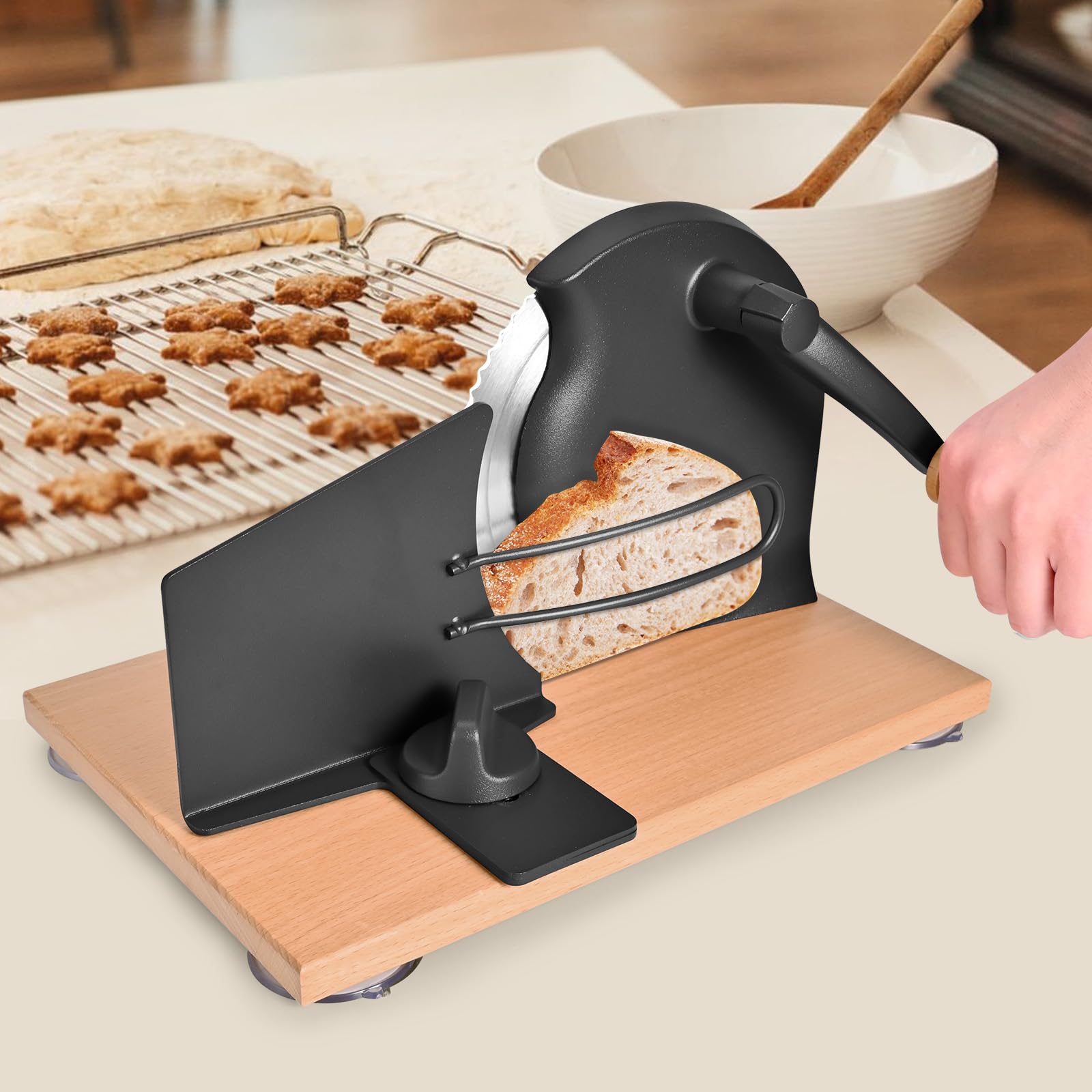 SOWKIPE slicer versatile for soft loaves and crusty baguettes at home.