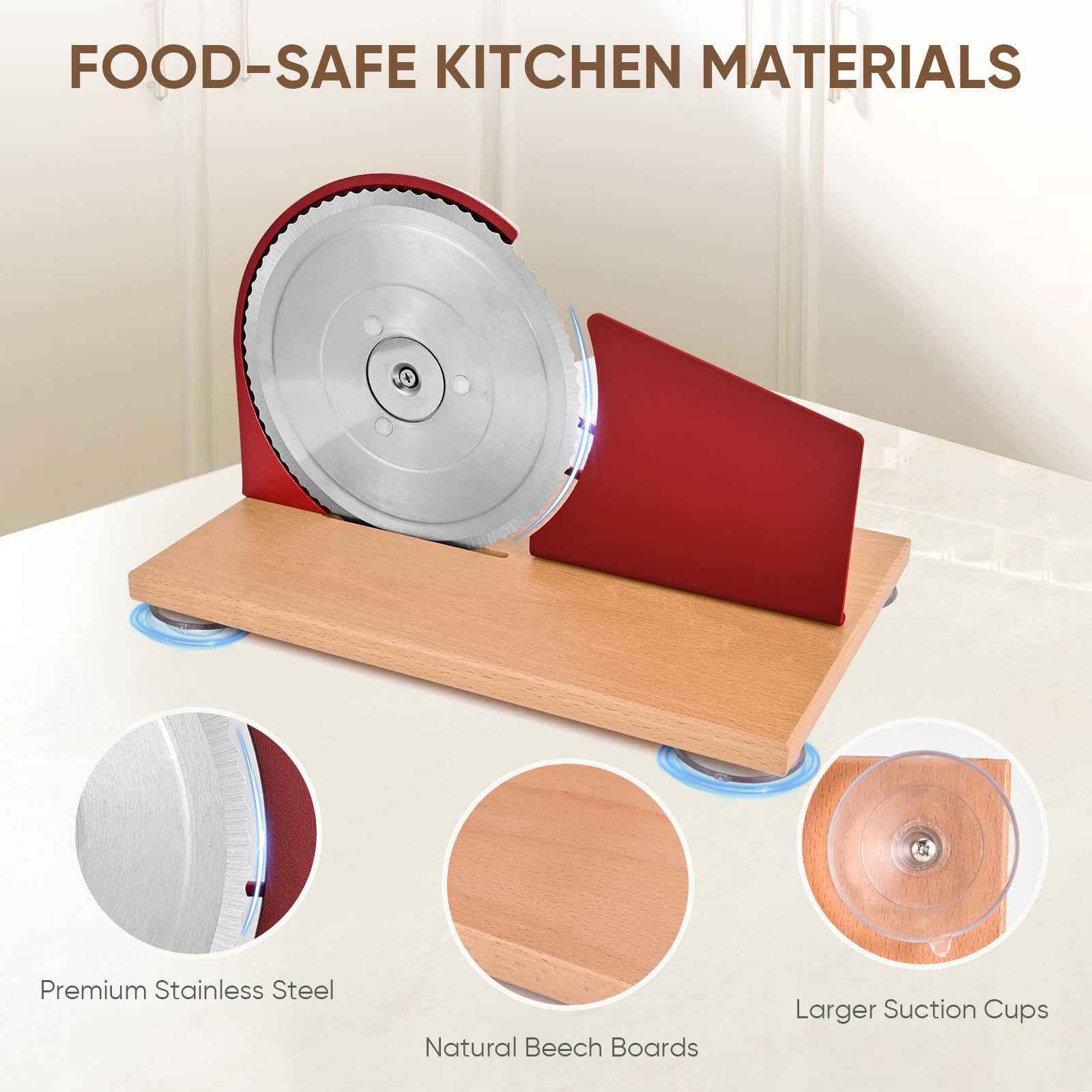SOWKIPE wooden base with suction cups stabilizes slicing.