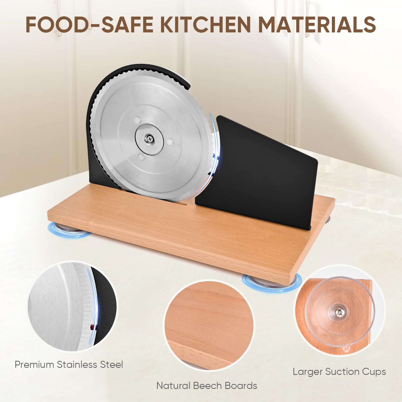 SOWKIPE wooden base with suction cups stabilizes slicing on counter.