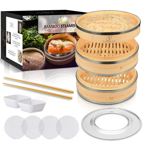 SP Dynamics bamboo steamer 10-inch top view shows dumplings steaming evenly
