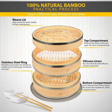 SP Dynamics bamboo steamer with stainless steel rings for sturdy support