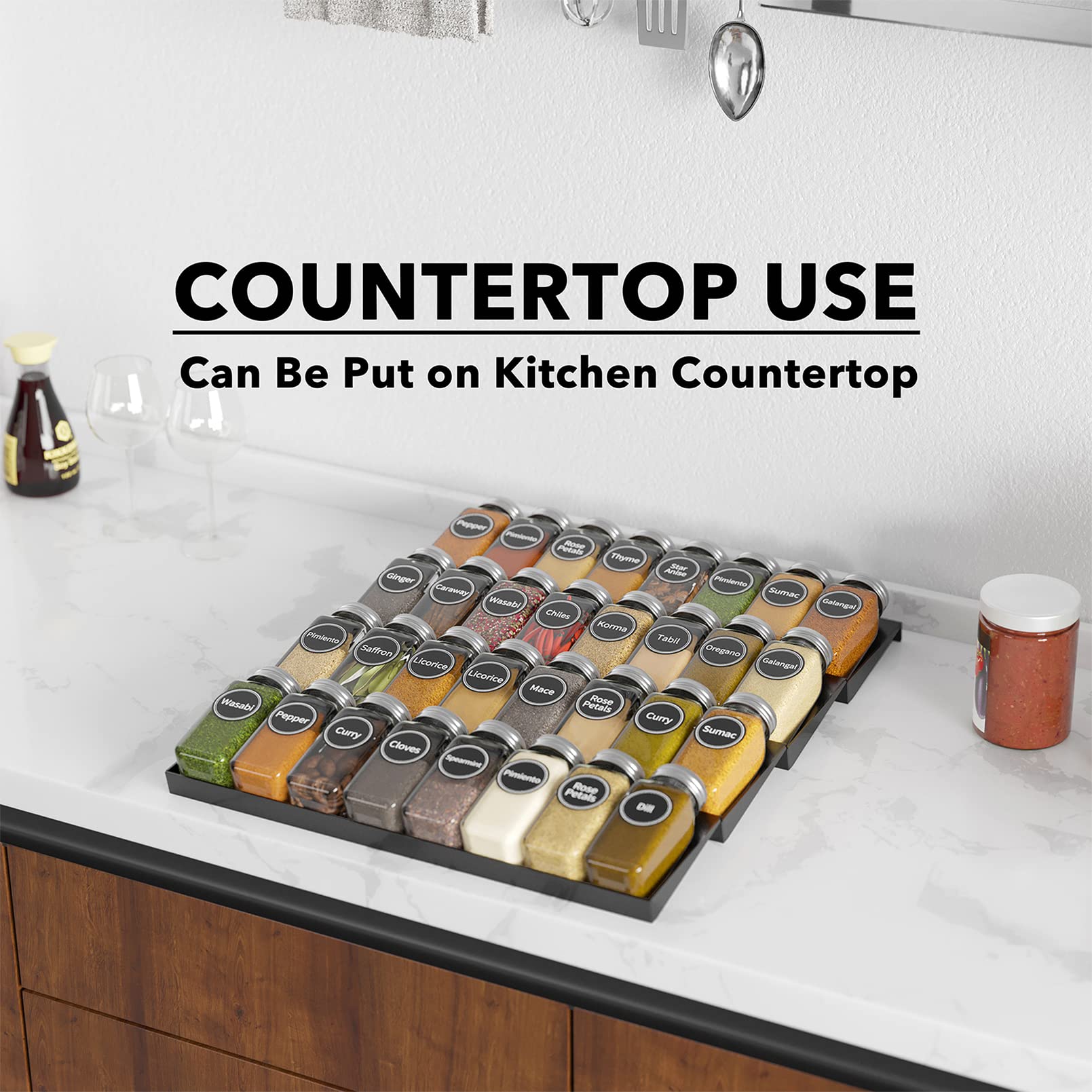 SpaceAid airtight caps seal spices to reduce moisture and clumping.