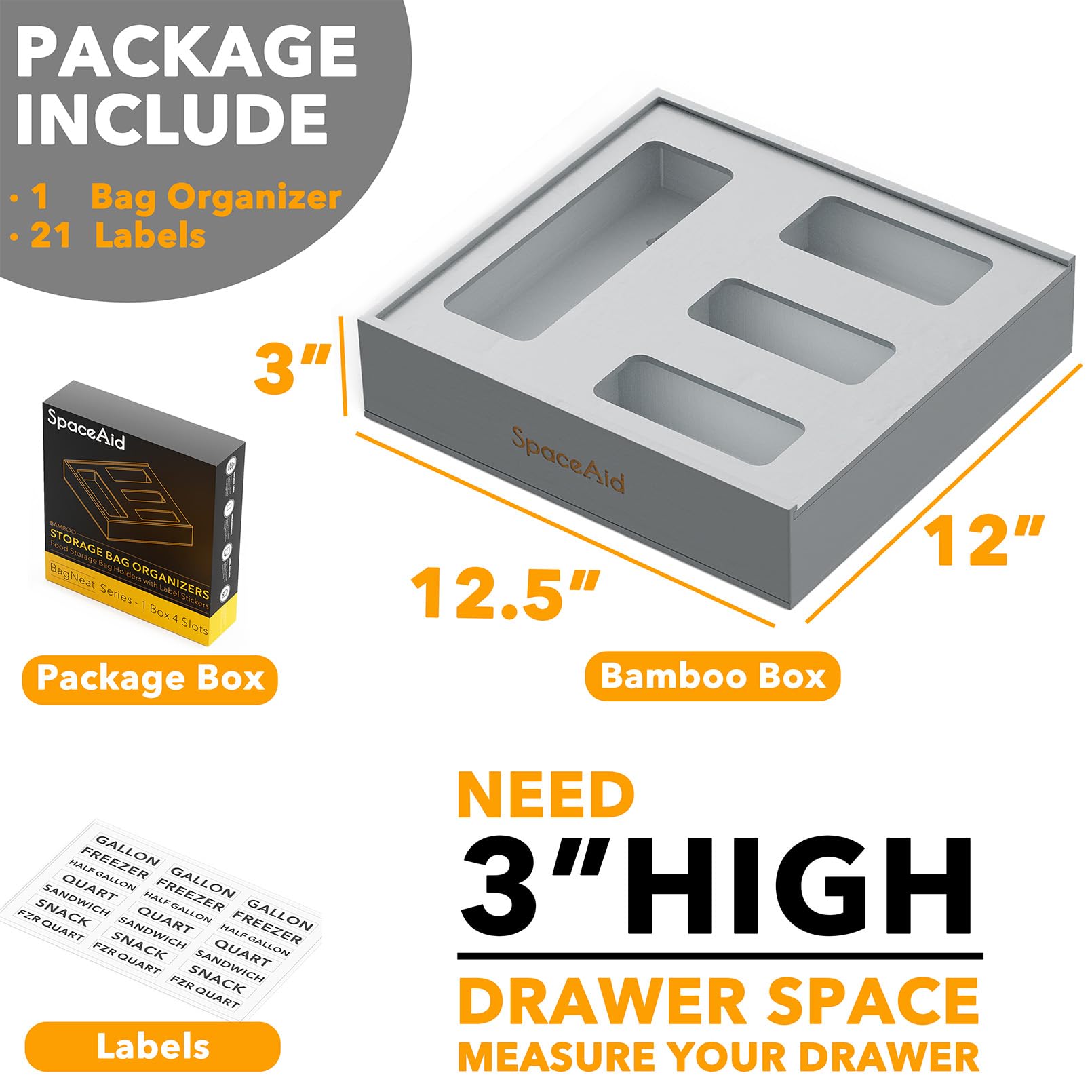 SpaceAid bag organizer shows compatibility with gallon, quart, and sandwich bags for easy access.