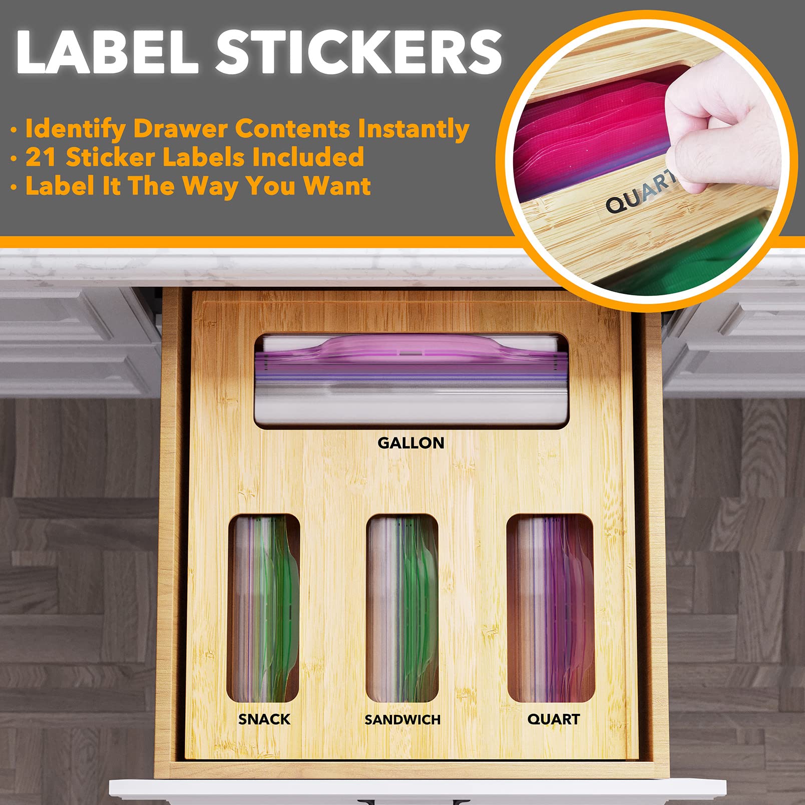 SpaceAid image demonstrates compatibility with gallon, quart, sandwich, and snack bags.
