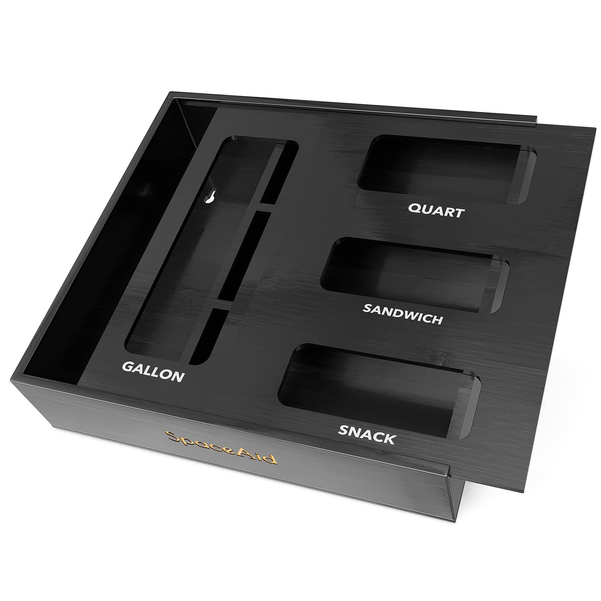 SpaceAid bamboo bag storage organizer keeps kitchen bags neatly sorted in the drawer.