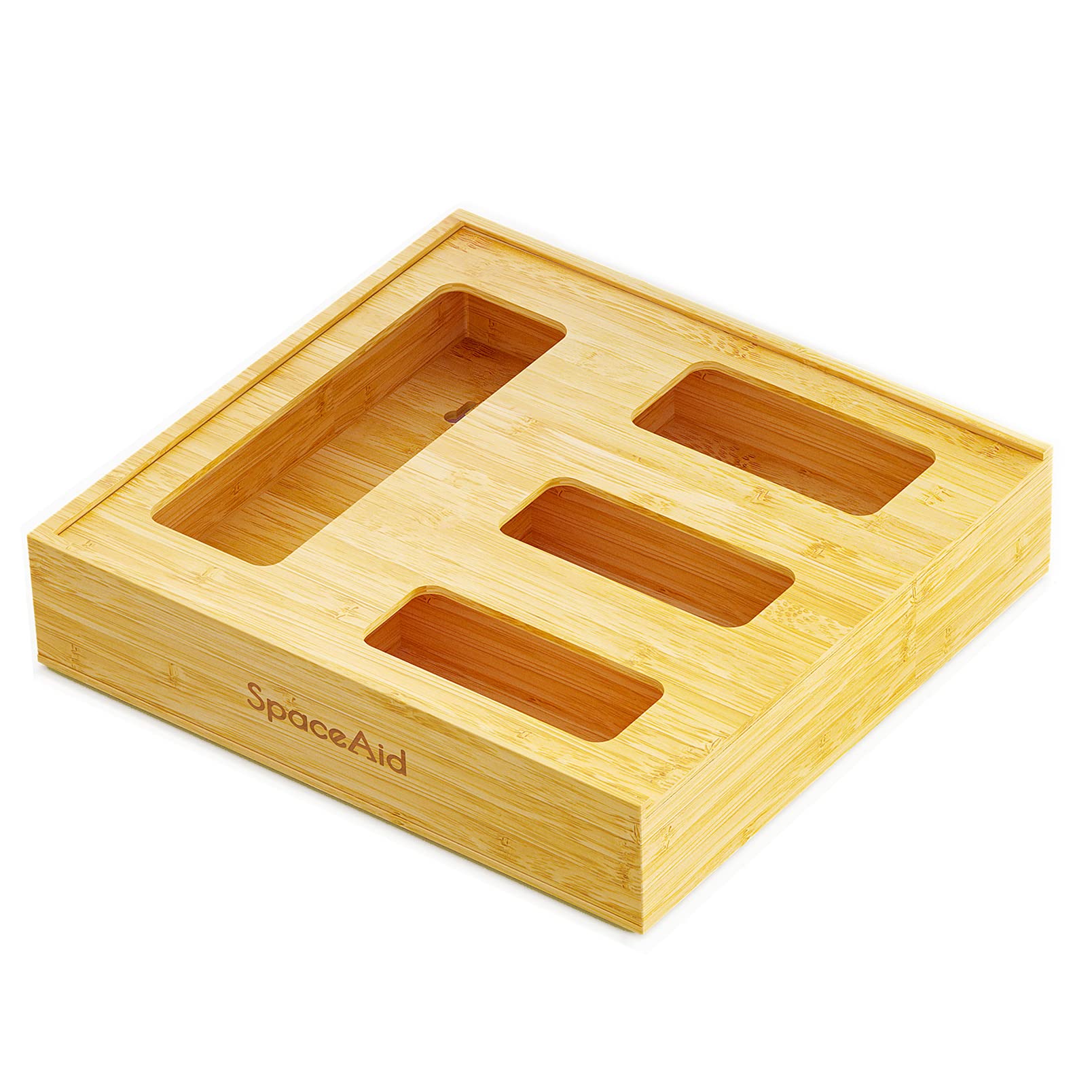 SpaceAid bag storage organizer in natural bamboo, top view for organized drawers.