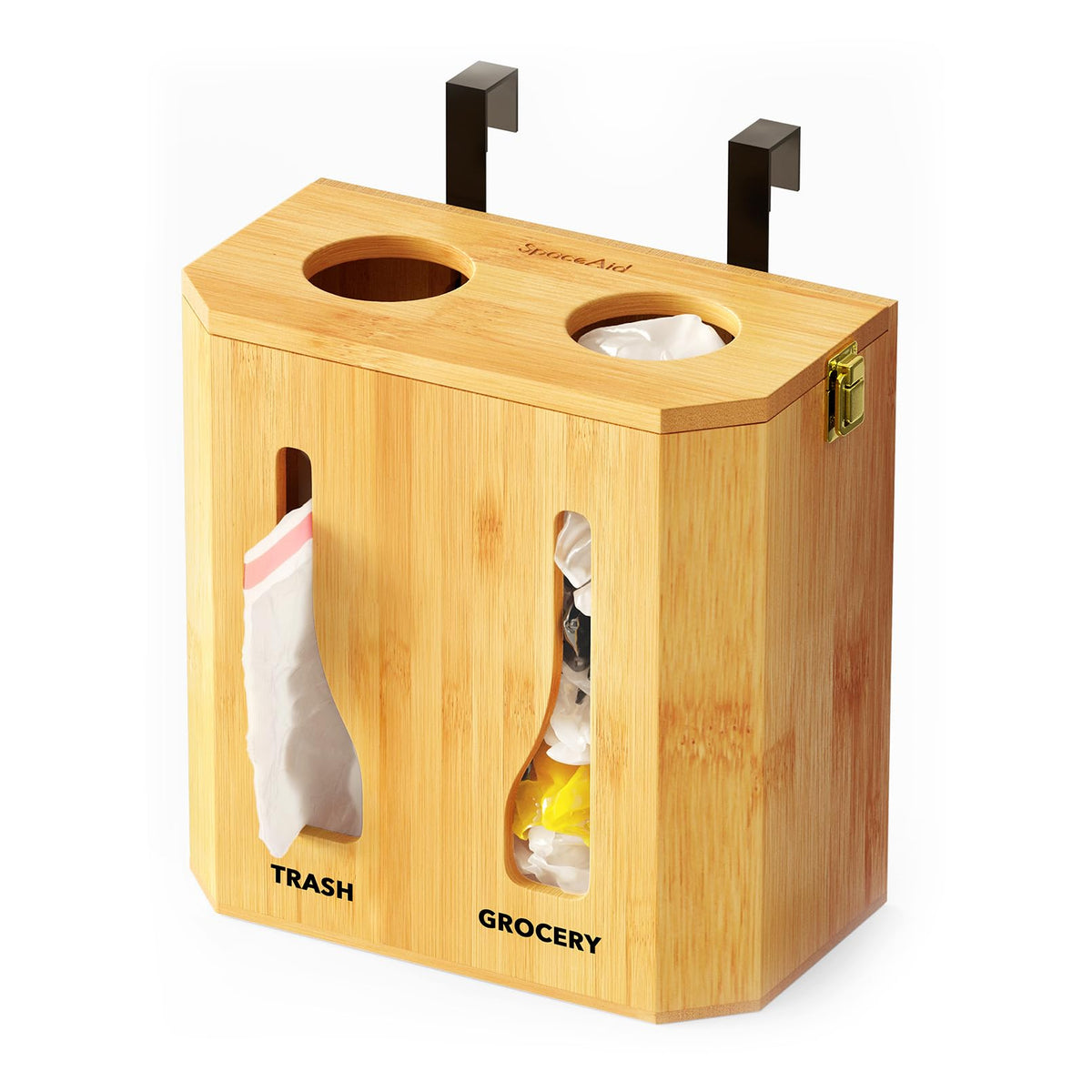 SpaceAid bamboo 2-in-1 bag holder neatly organizing under-sink bags.