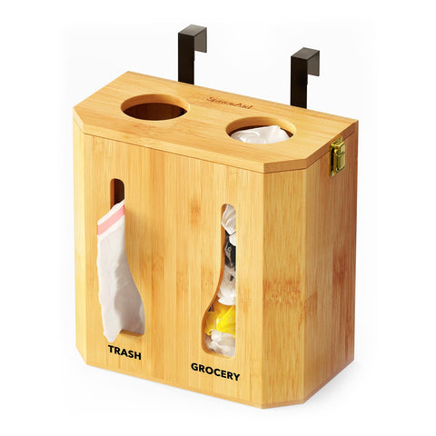SpaceAid bamboo 2-in-1 bag holder neatly organizing under-sink bags.