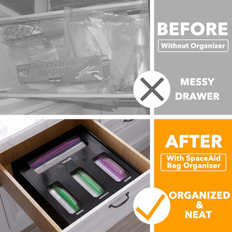 SpaceAid 4-slot bamboo organizer provides easy access to different bag sizes.