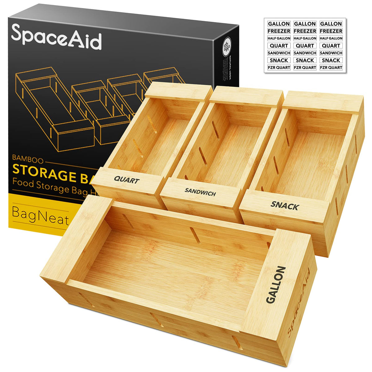 SpaceAid bamboo bag organizer for gallon bags keeps drawers tidy and accessible.