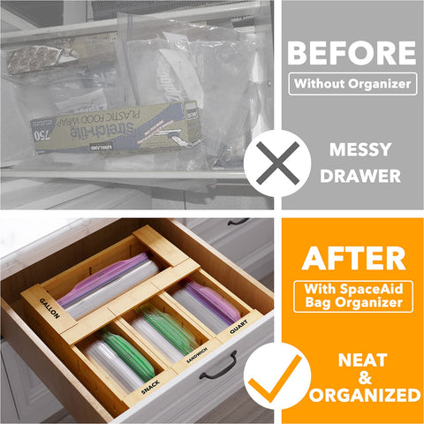 SpaceAid bamboo bag organizer for sandwich bags simplifies lunch prep and organization.