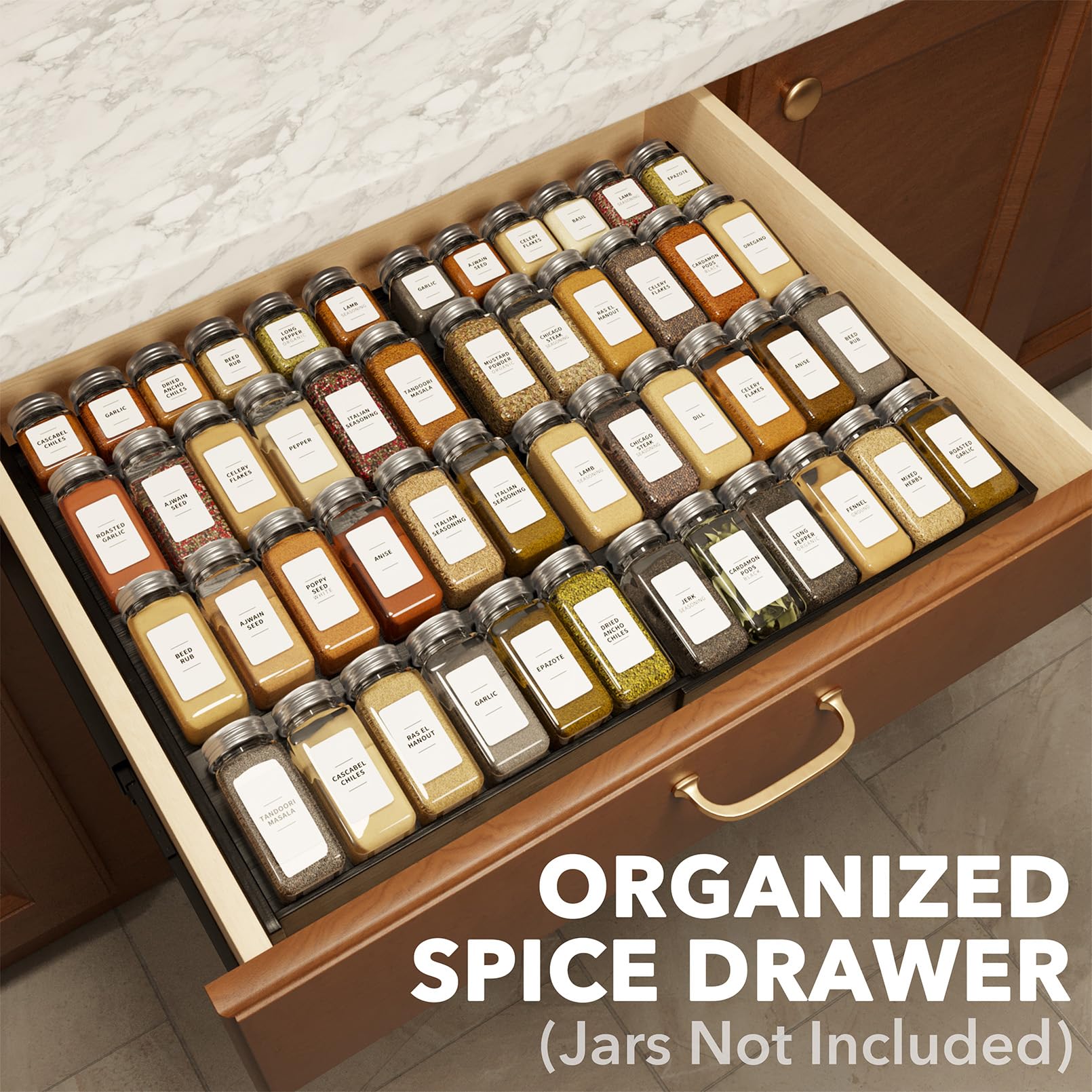 SpaceAid expandable spice rack in a kitchen drawer, keeps spices visible and accessible.