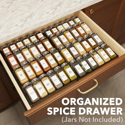 SpaceAid expandable spice rack in a kitchen drawer, keeps spices visible and accessible.