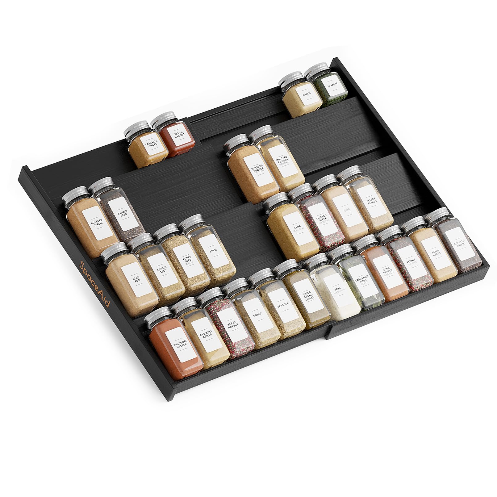 SpaceAid bamboo black spice drawer insert extended, showcasing scalable storage for jars.