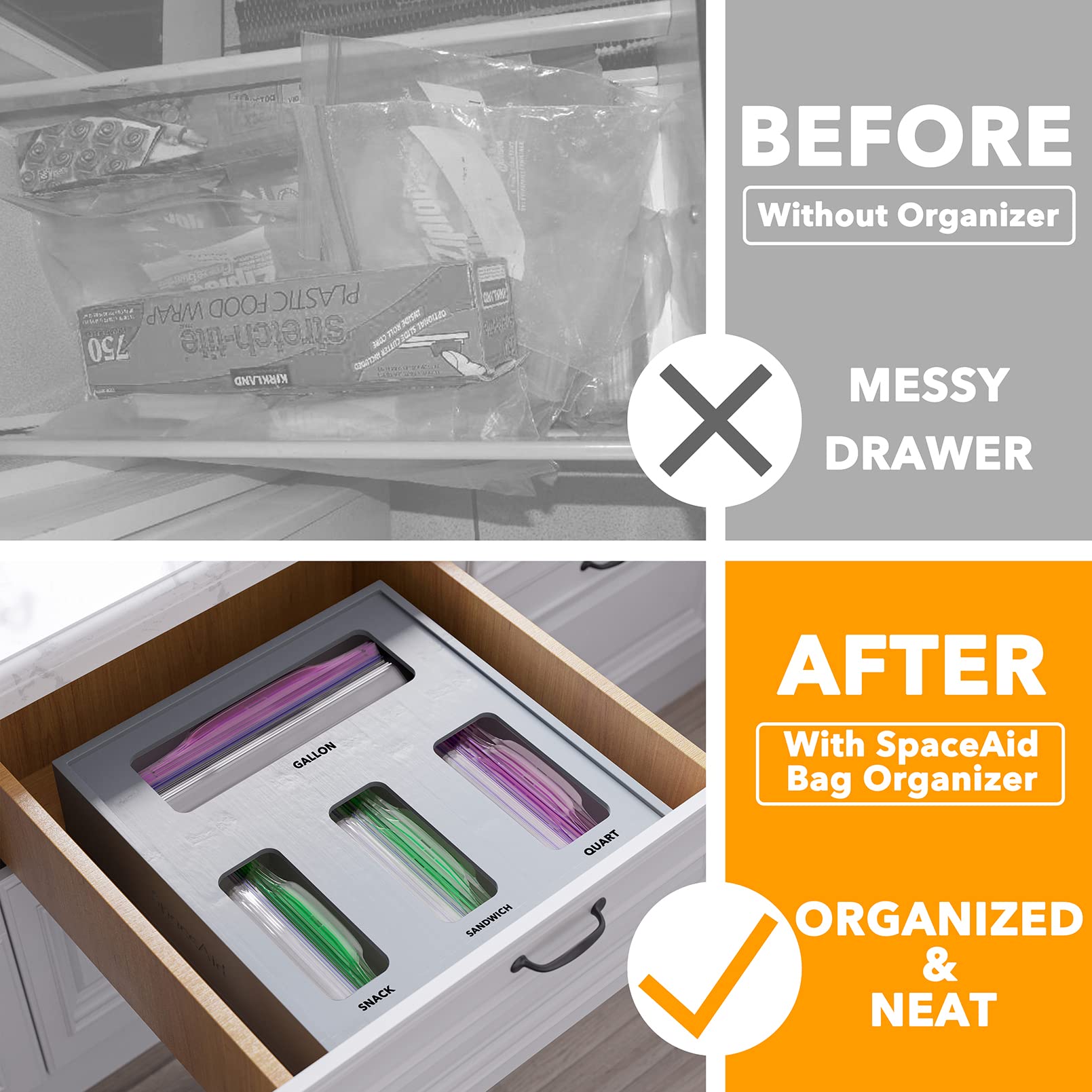 SpaceAid bamboo box with four slots streamlines kitchen drawers for gallon to snack bags.