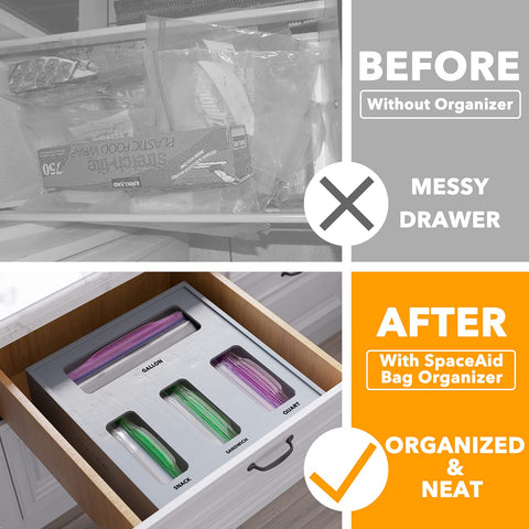 SpaceAid bamboo box with four slots streamlines kitchen drawers for gallon to snack bags.