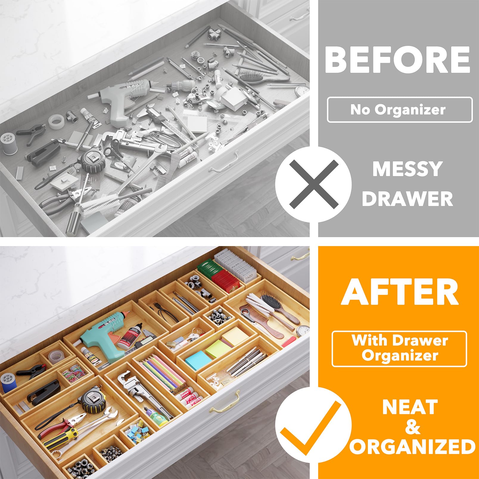 SpaceAid bamboo drawer organizer for kitchen utensils keeps cutlery neatly separated.