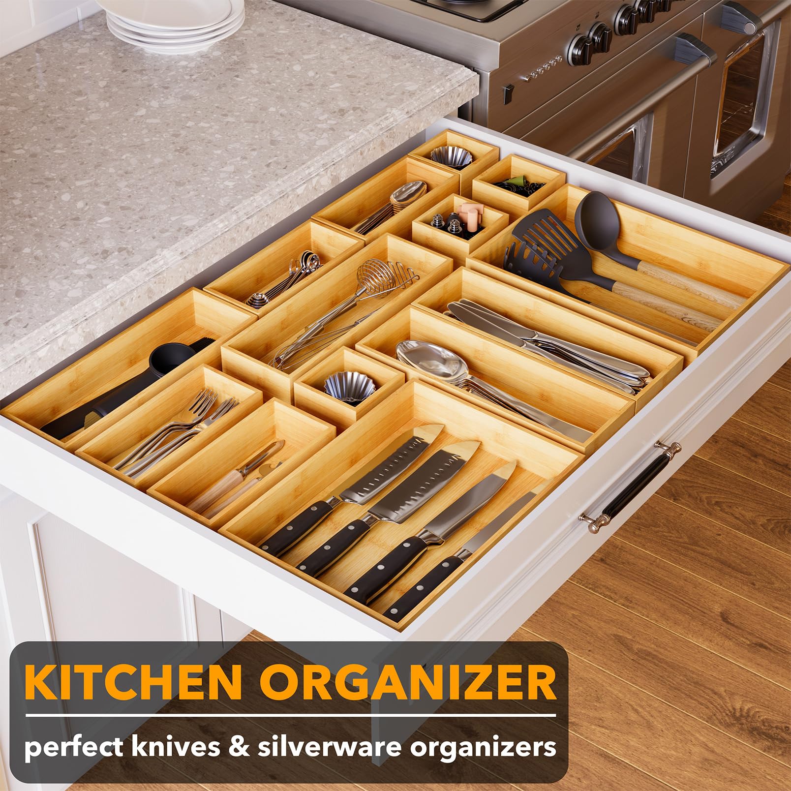 SpaceAid bamboo drawer organizer for makeup tools keeps cosmetics sorted and easy to find.
