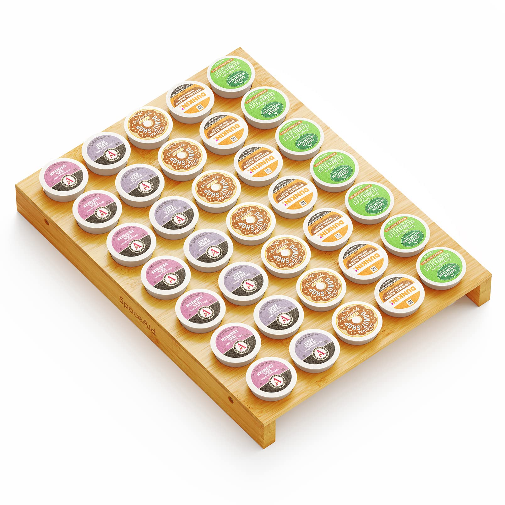 SpaceAid bamboo K Cup drawer organizer showing 35-slot capacity for orderly storage.