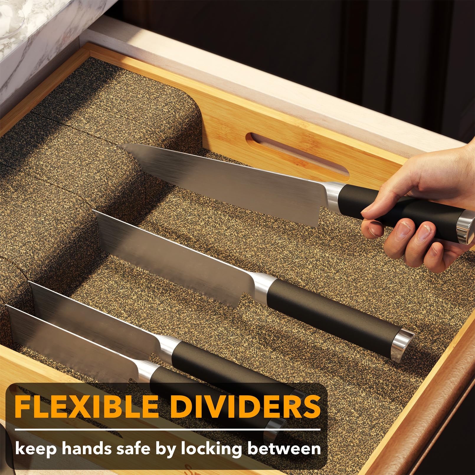 SpaceAid bamboo knife organizer dividers close-up shows flexible slots for secure knives.
