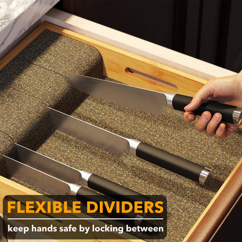 SpaceAid bamboo knife organizer dividers close-up shows flexible slots for secure knives.