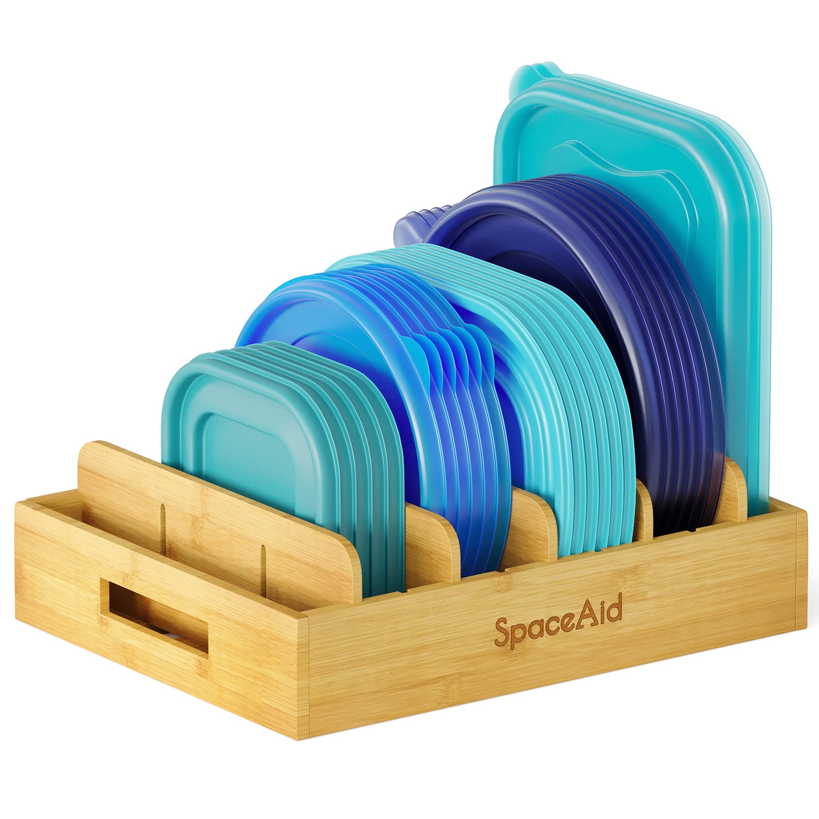 SpaceAid bamboo lid organizer keeps lids neatly sorted and accessible.