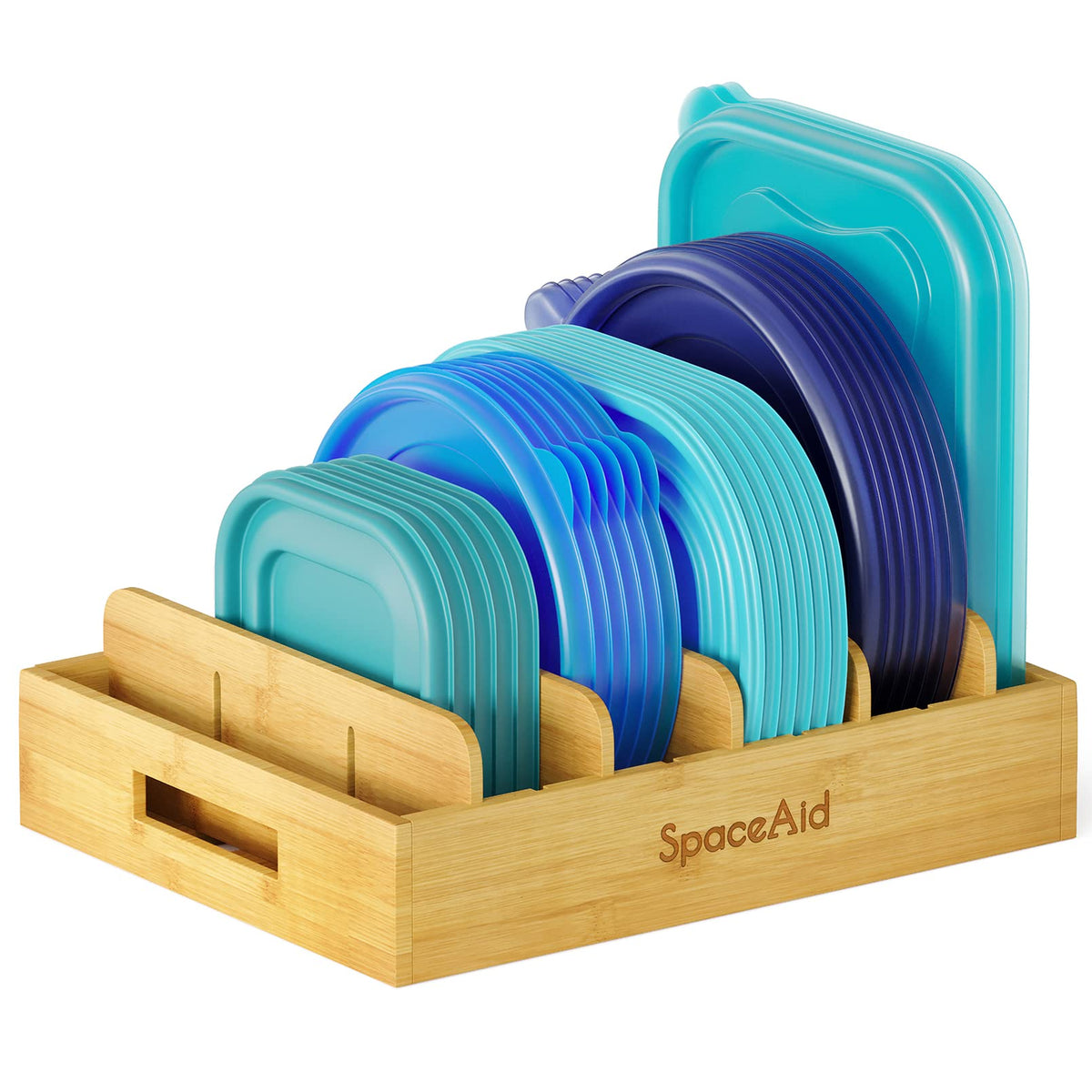 SpaceAid bamboo lid organizer keeps lids neatly sorted and accessible.