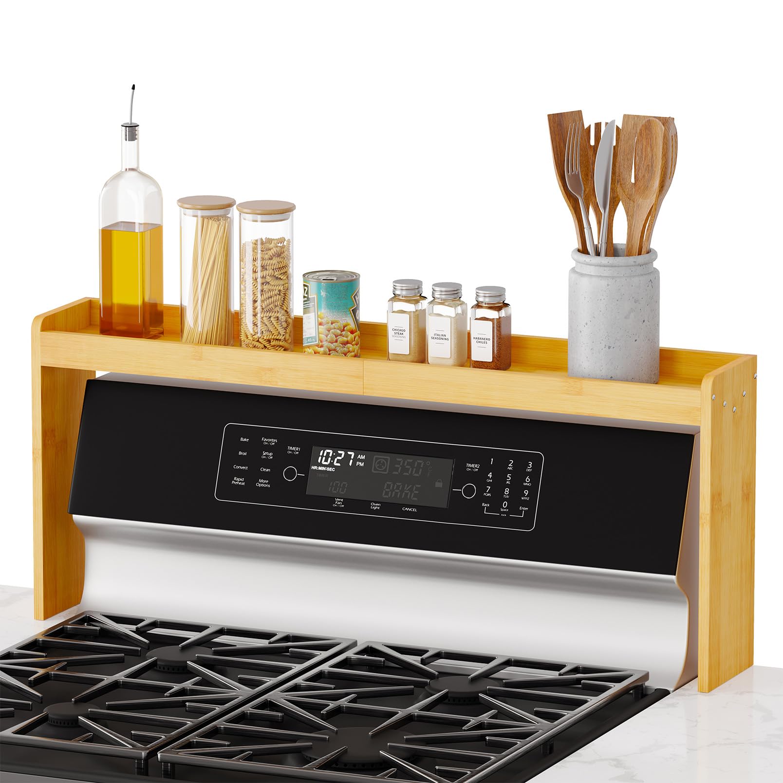 SpaceAid bamboo spice shelf over stove keeps jars organized above the stove