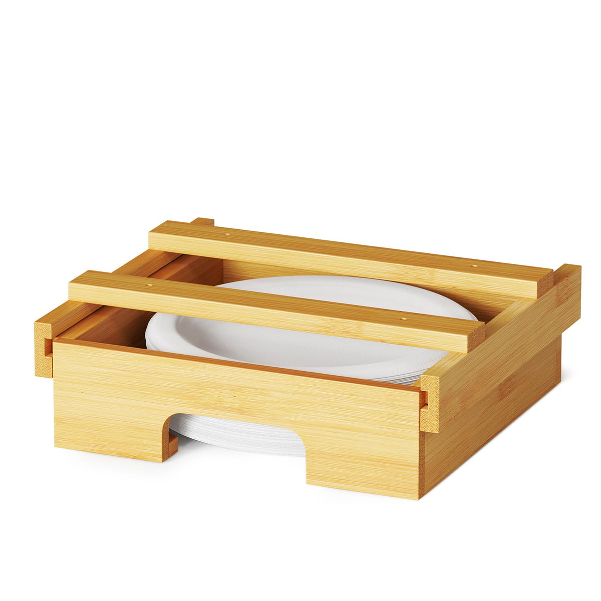 SpaceAid bamboo paper plate dispenser under cabinet showing neat organization