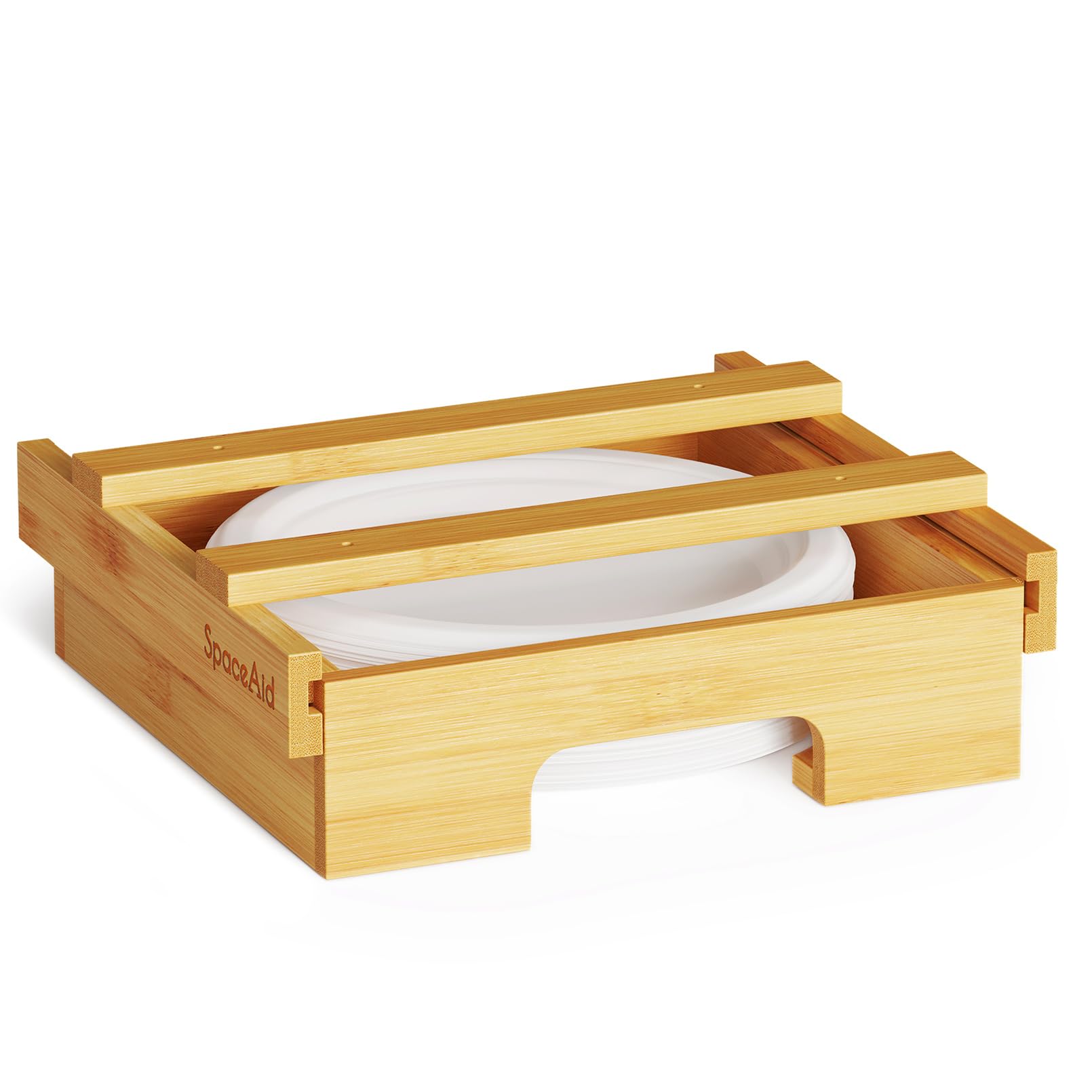 SpaceAid bamboo plate dispenser mounted under cabinet for neat organization.