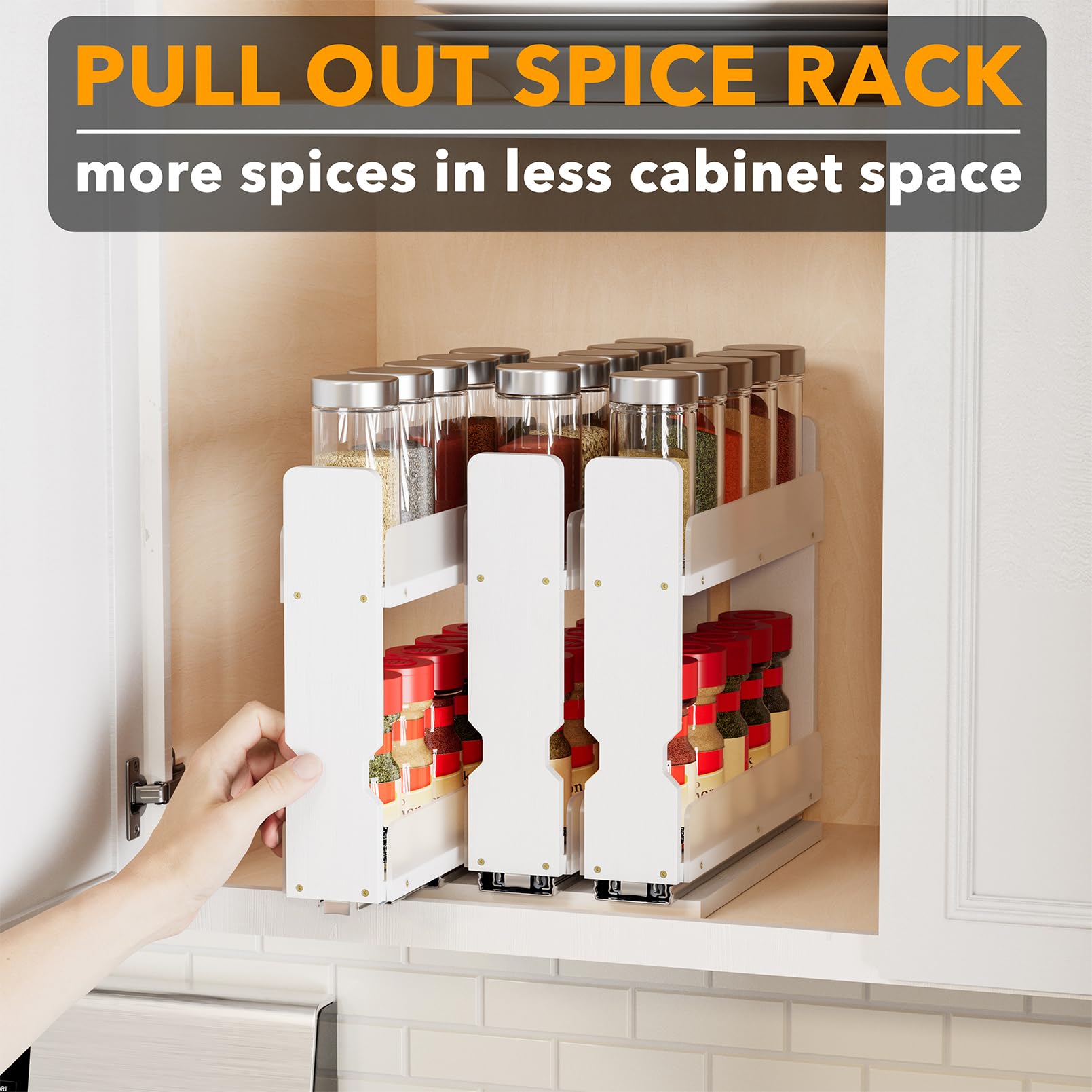 SpaceAid bamboo pull-out spice rack bottom panel clears cabinet lip for a flush fit.