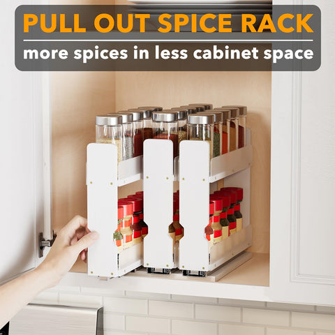 SpaceAid bamboo pull-out spice rack bottom panel clears cabinet lip for a flush fit.