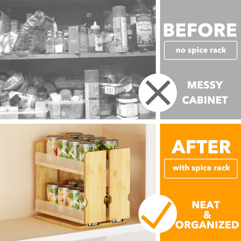 SpaceAid bamboo pull-out spice rack with two drawers for organized storage
