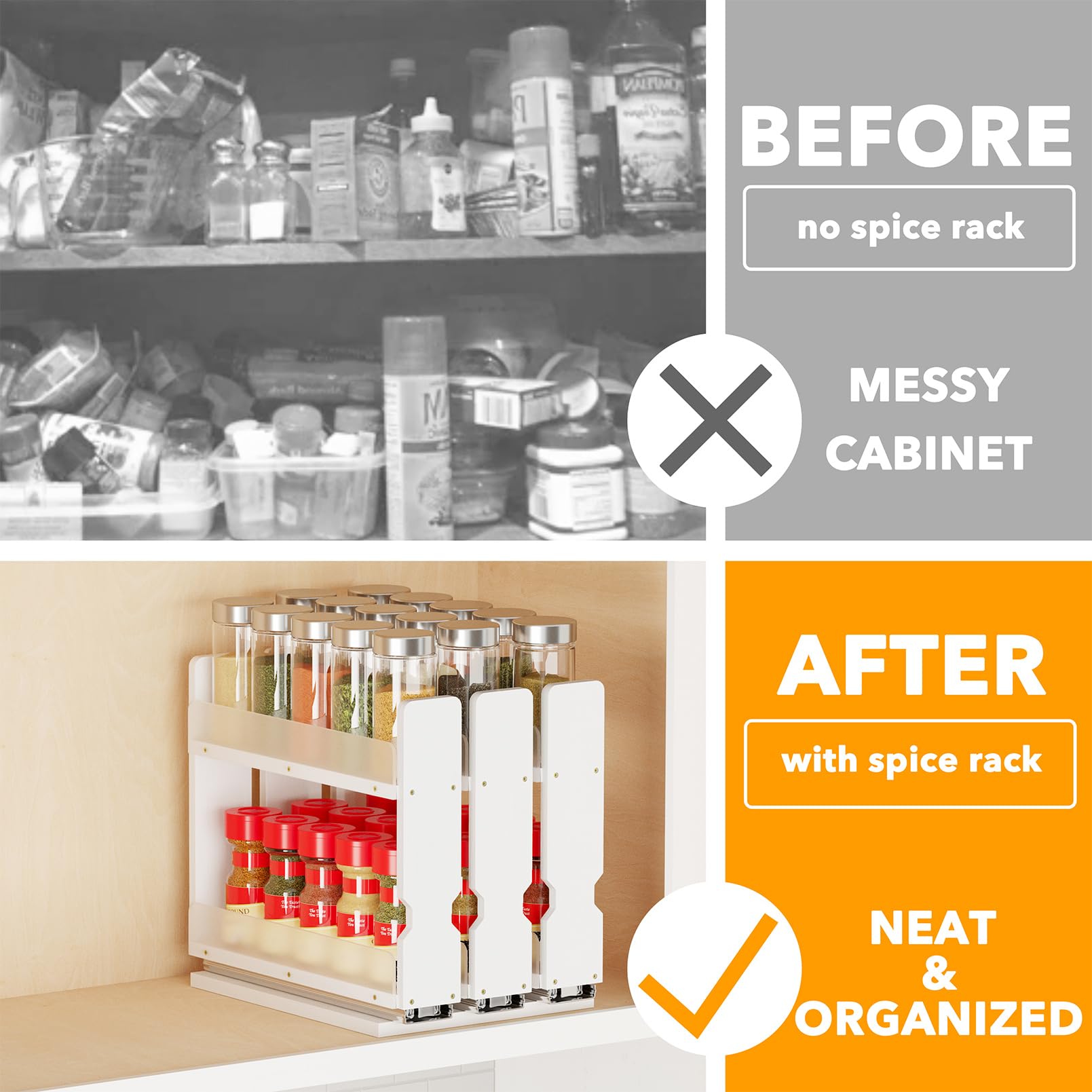 SpaceAid bamboo pull-out spice rack with drawer open, demonstrating full extension.
