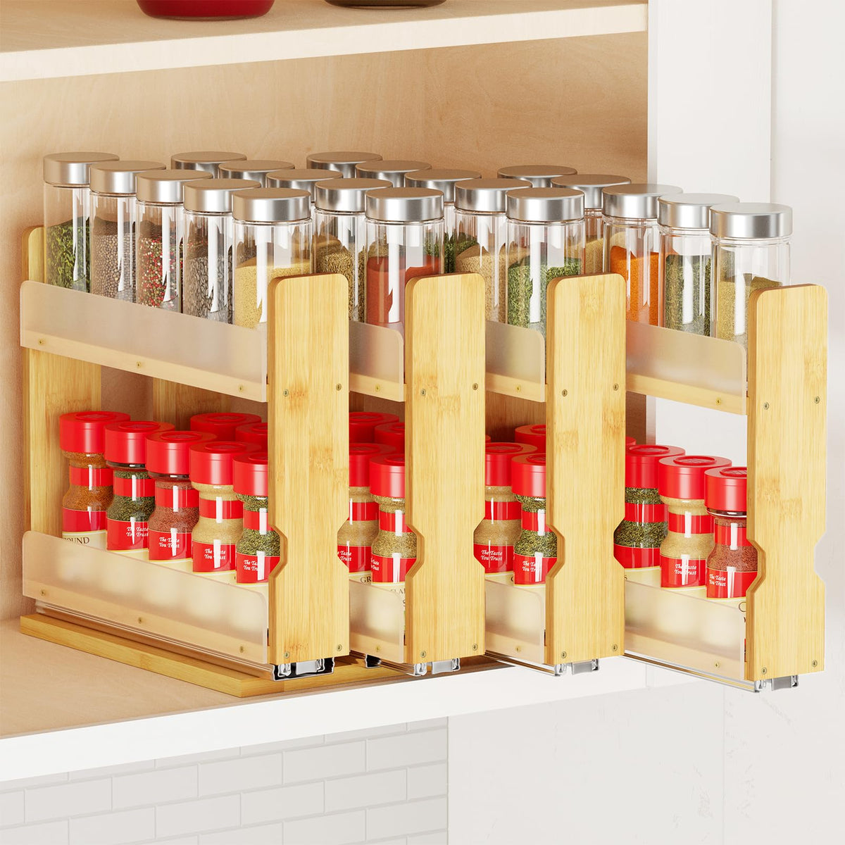 SpaceAid bamboo pull-out spice rack front view with full-extension rails for easy access.