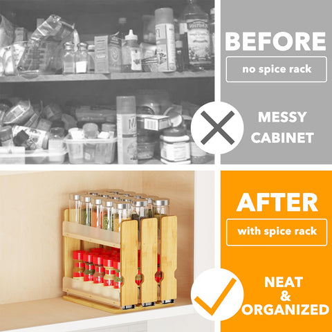 SpaceAid Bamboo pull-out spice rack in-cabinet view keeps spices organized