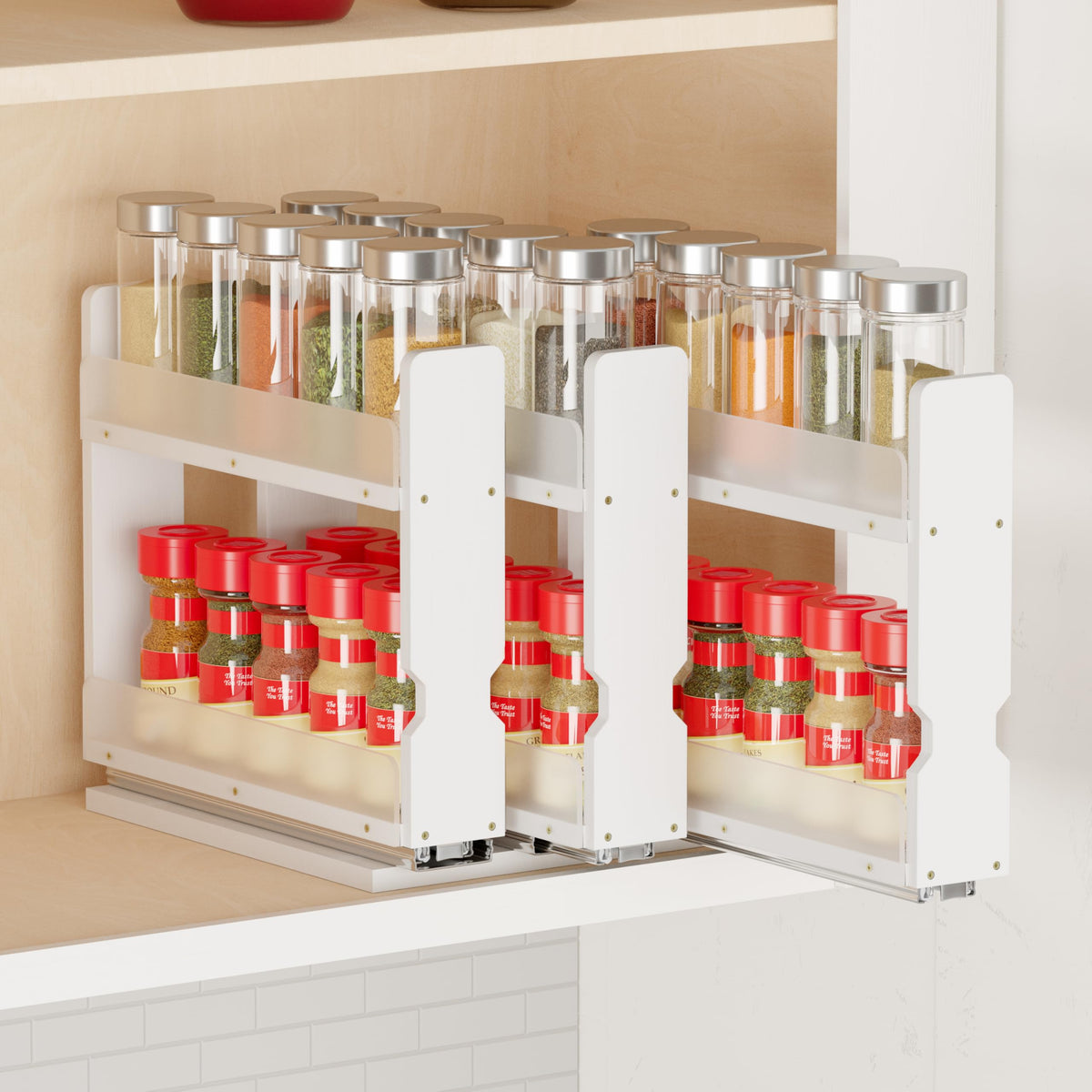 SpaceAid bamboo pull-out spice rack seen from the side, showcasing compact organization.