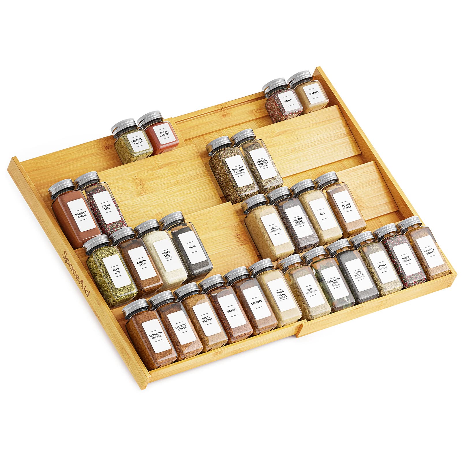 SpaceAid bamboo spice drawer organizer in setup mode keeps spices visible and easy to reach.