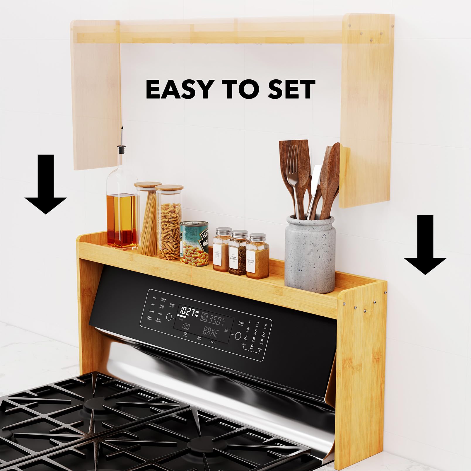 SpaceAid bamboo spice shelf in natural finish adds warm kitchen style